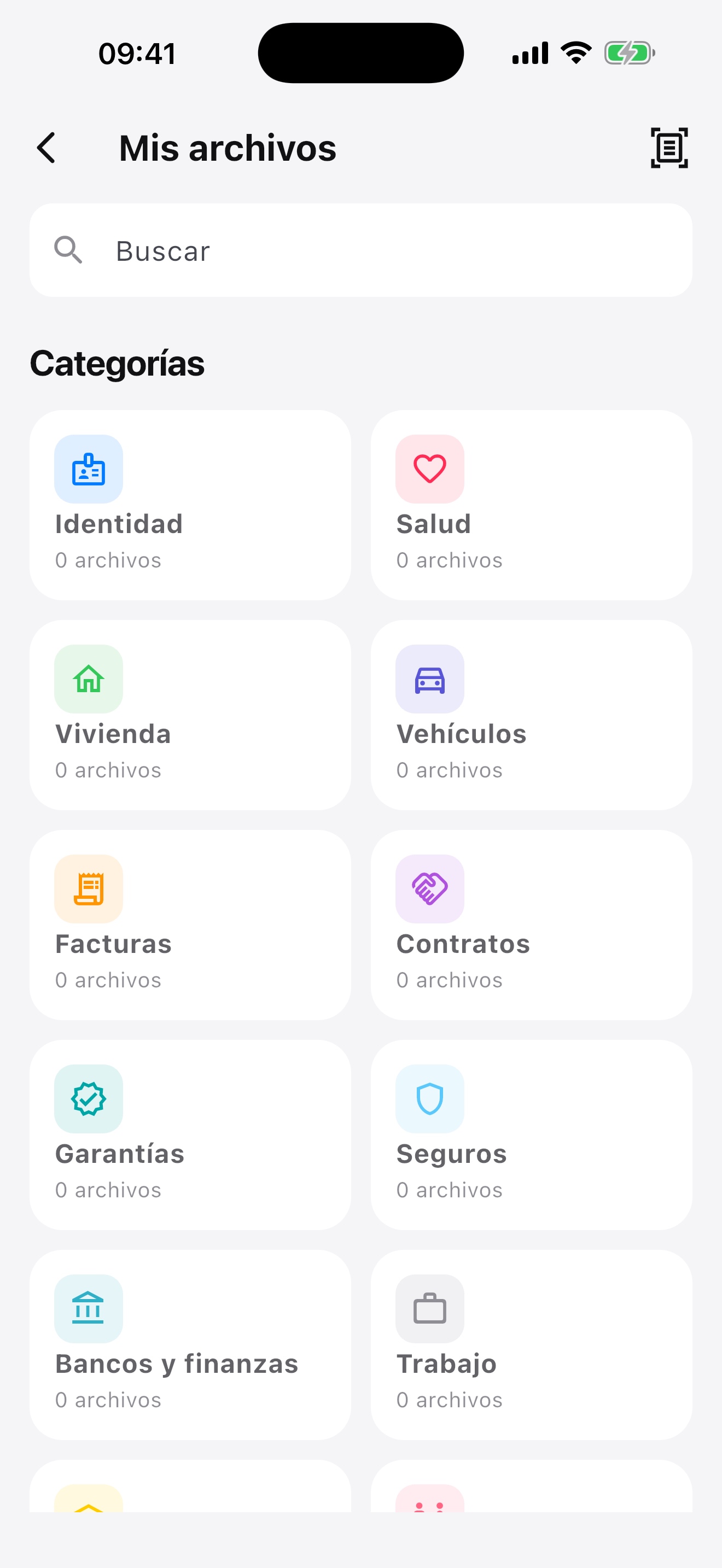 Pantalla de categorías de Smart Docs One