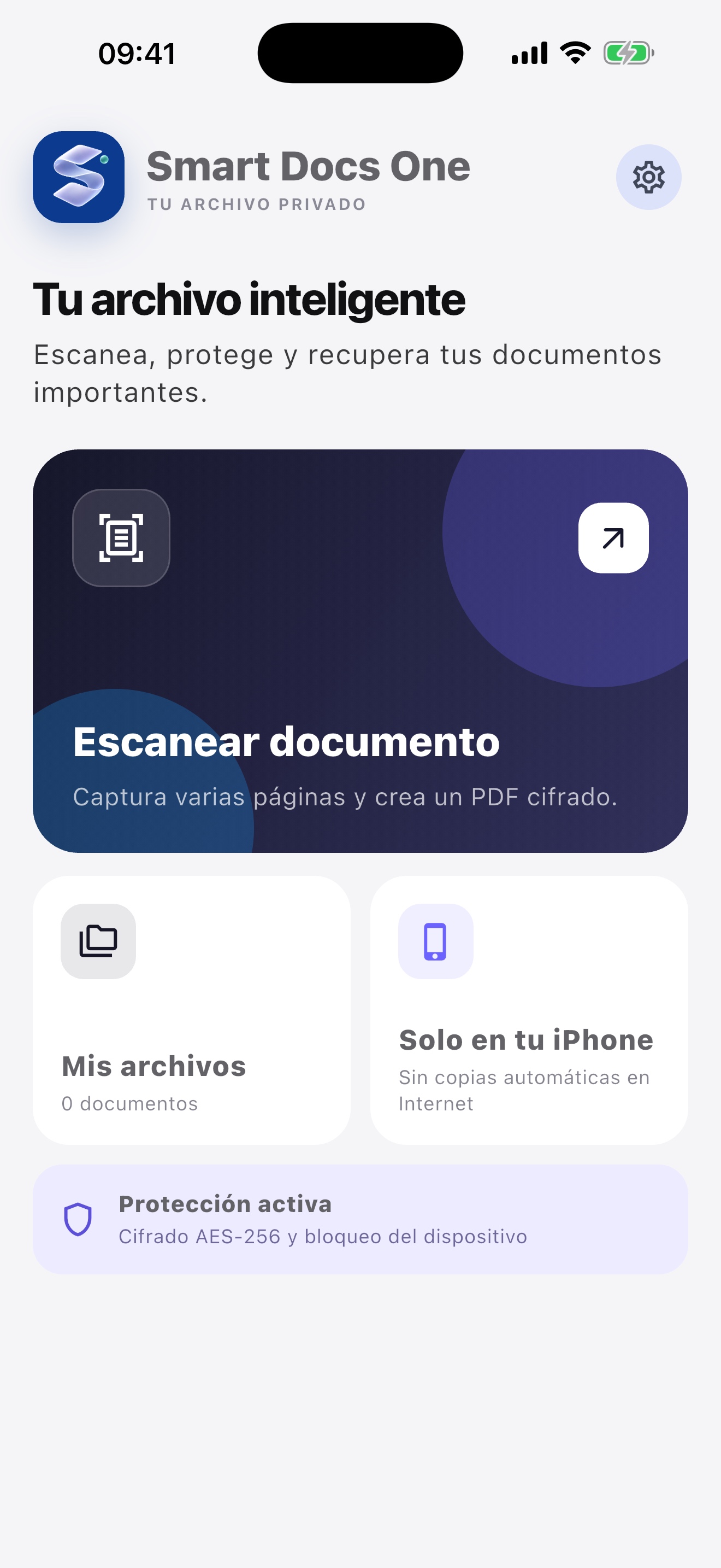 Pantalla de inicio de Smart Docs One con accesos para escanear y ver archivos