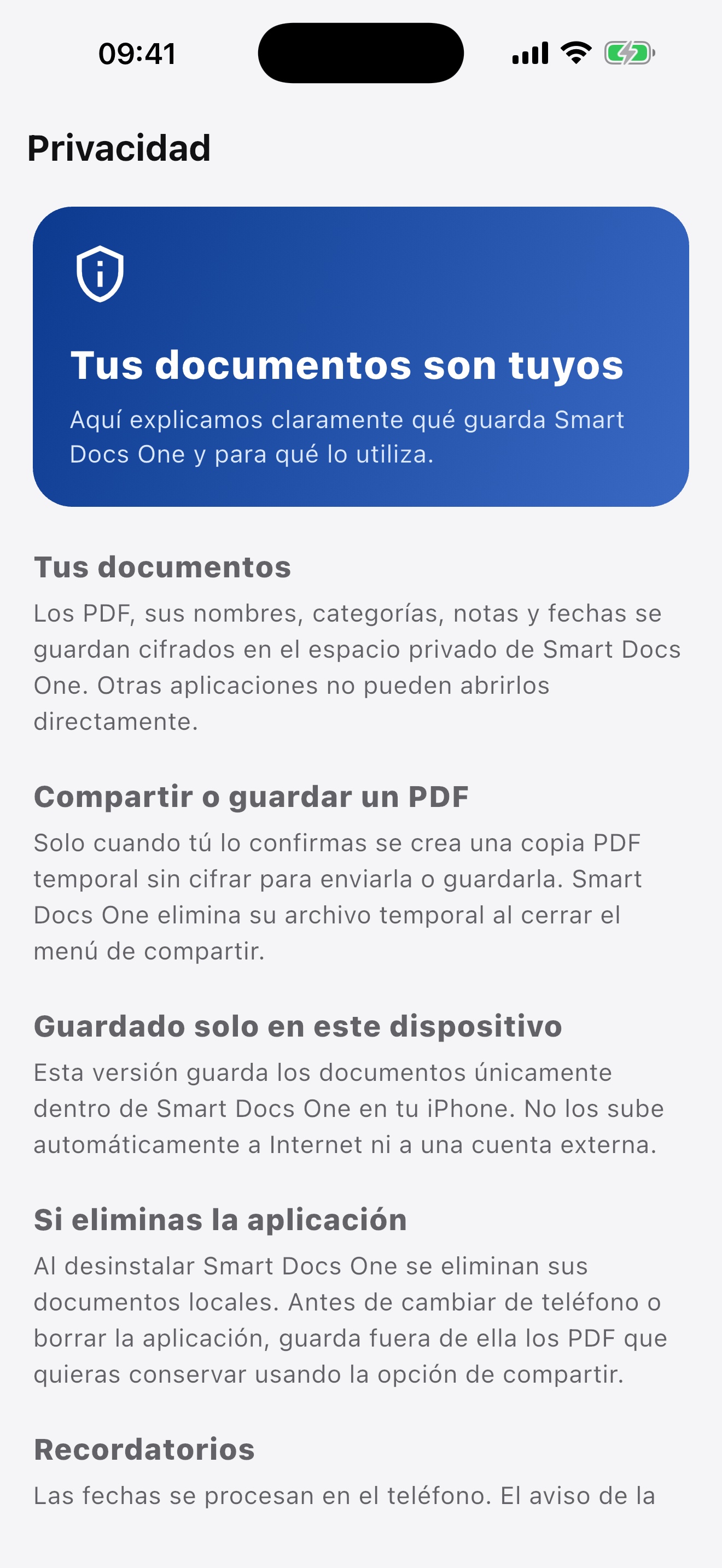 Pantalla de privacidad de Smart Docs One